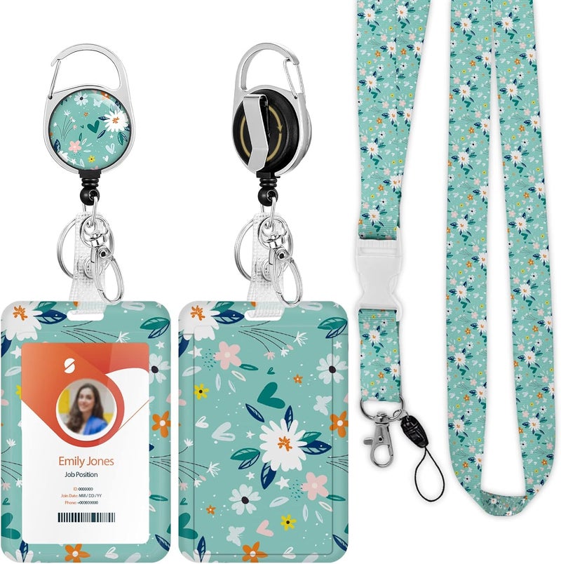 Boutilon ID Badge Holder with Lanyard,Retractable ID Badge Card Holders Detachable Neck Lanyard Strap with Badge Reel and Vertical ID Holder for Nurse Students Teachers Office Staff(Flower 2) - Image 1